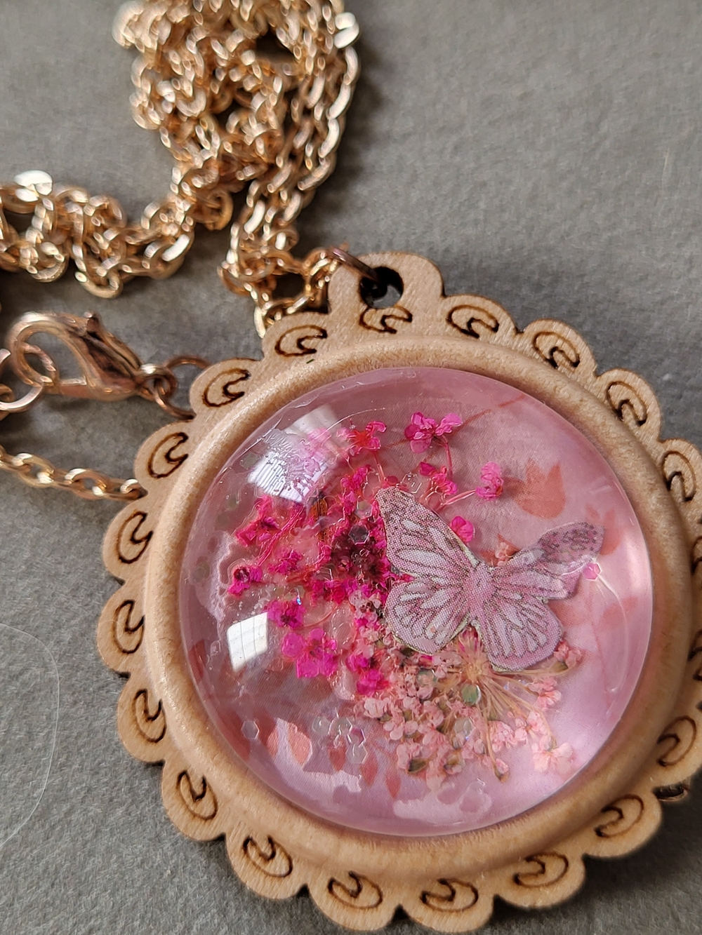 Handcrafted Pink Butterfly Under Glass Cabachon Necklace